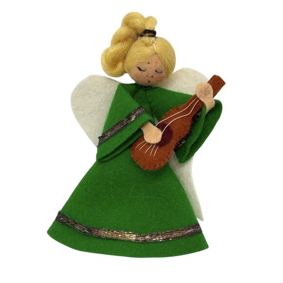 Vintage Handmade Felt Blond Angel Ornament Playing String Guitar Green Dress - Picture 11 of 11